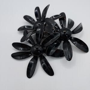 Vintage Mod Triple Flower Brooch Metal Enamel Black 3" Wide MCM 1960s Hippie